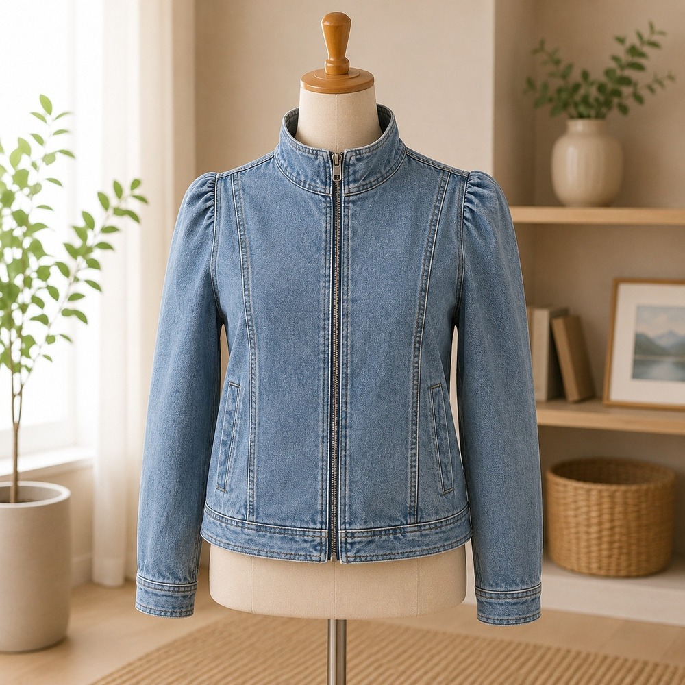 NWT Isaac Mizrahi Live Denim Jacket Womens 2X Blue Zip Up Puff Sleeve Mock Neck